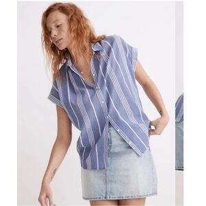MADEWELL Central Shirt Stripe Crinkle Cotton Button Down Shirt Blue Stone